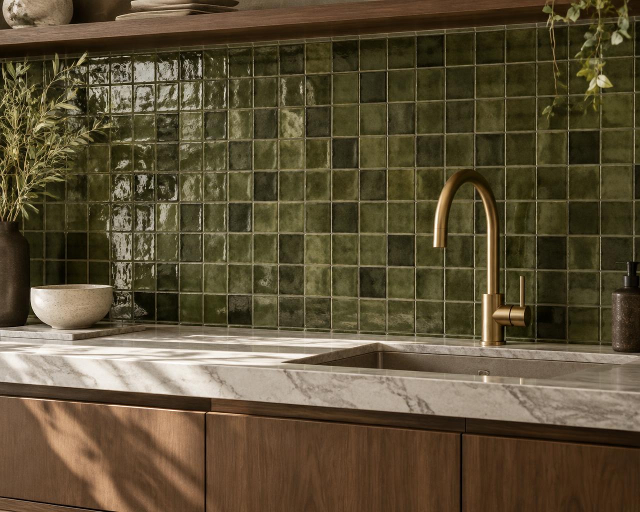 Olive green ceramic mosaic backsplash with brass faucet and walnut cabinets